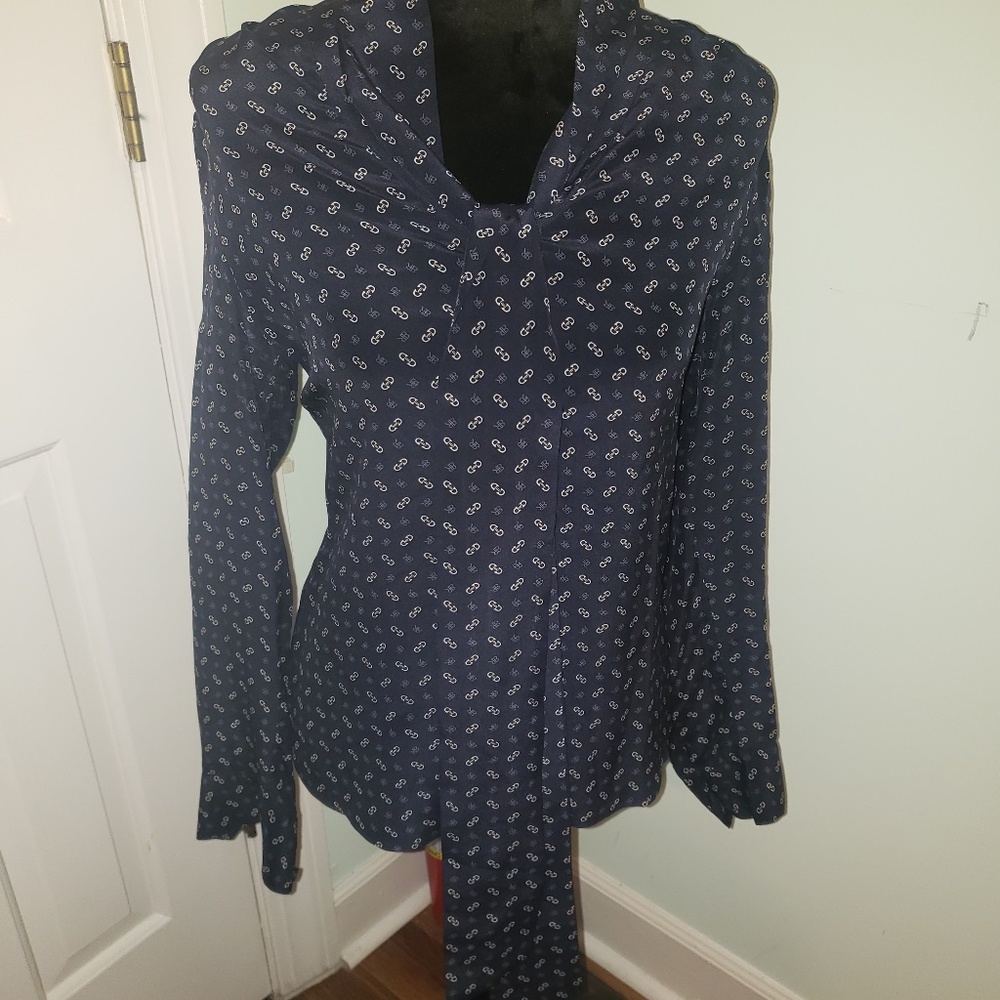 Banana Republic navy, monogram silk necktie blouse